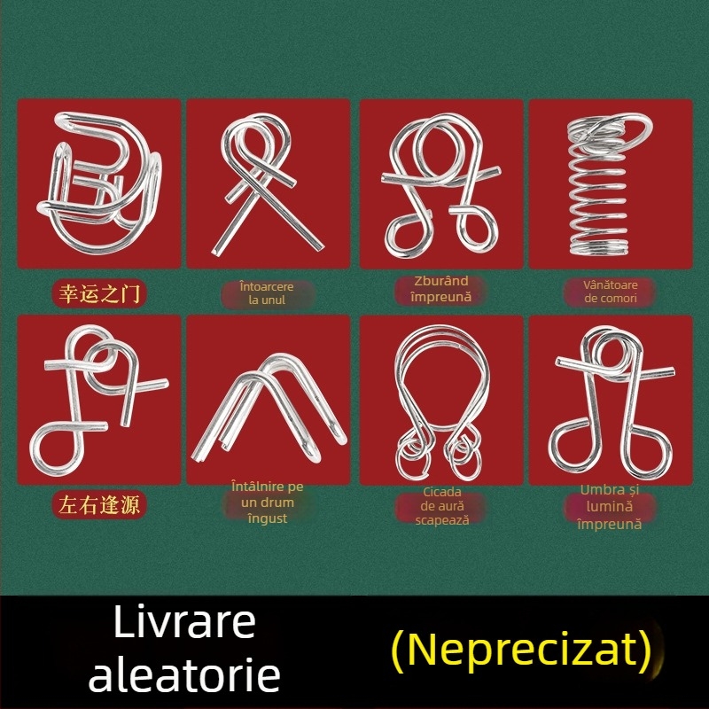 Puzzle metalic cu nouă verigi — set de 8 bucăți, joc educațional pentru dezvoltarea inteligenței, destinat persoanelor între 15–35 de ani