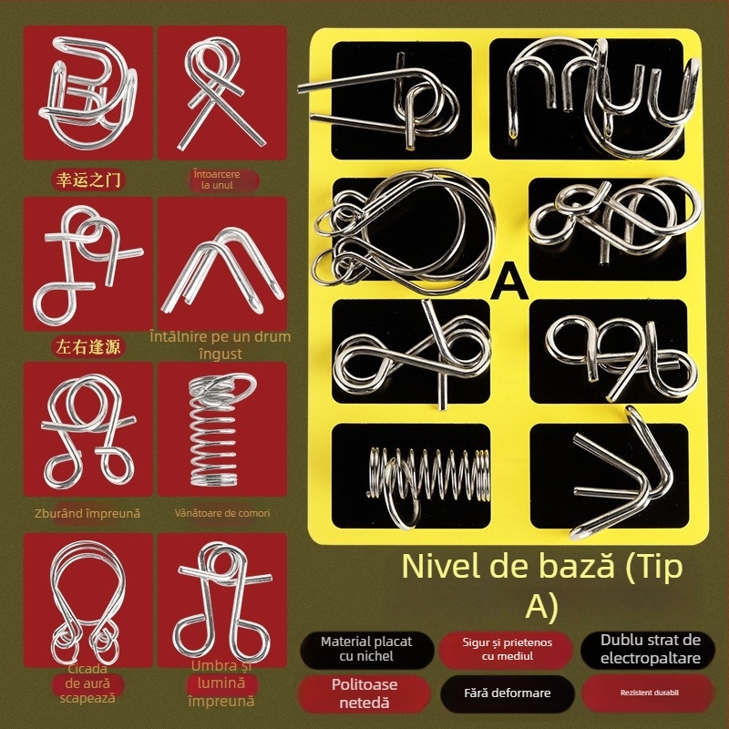 Puzzle metalic cu nouă verigi — set de 8 bucăți, joc educațional pentru dezvoltarea inteligenței, destinat persoanelor între 15–35 de ani