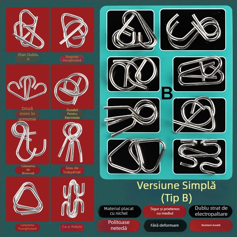 Puzzle metalic cu nouă verigi — set de 8 bucăți, joc educațional pentru dezvoltarea inteligenței, destinat persoanelor între 15–35 de ani