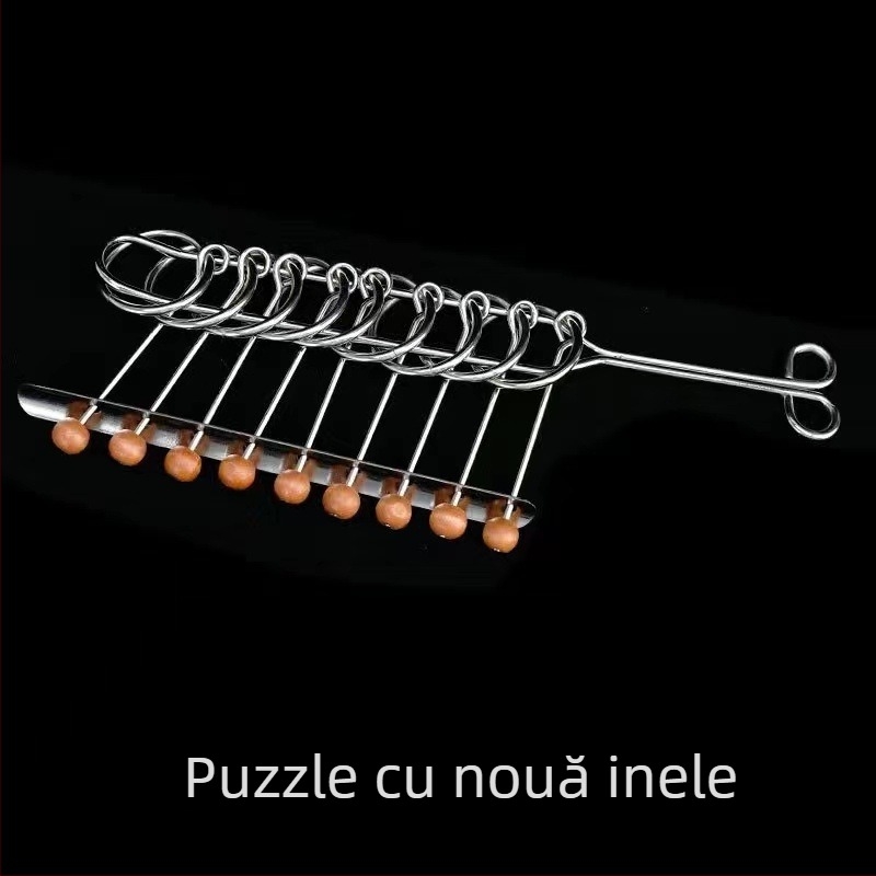 Puzzle metalic cu nouă verigi — set de 8 bucăți, joc educațional pentru dezvoltarea inteligenței, destinat persoanelor între 15–35 de ani