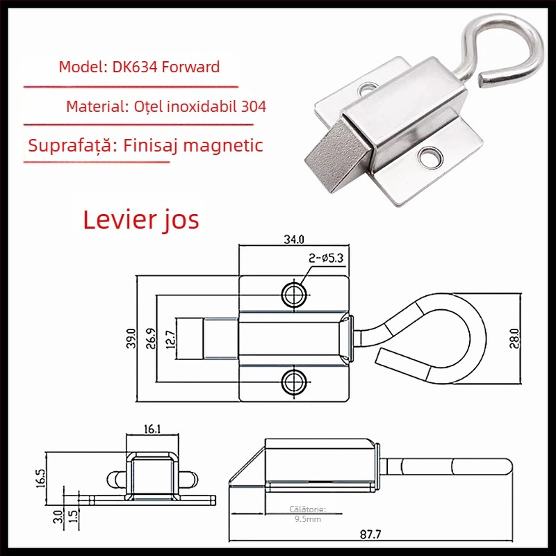 DK634 Încuietoare cu zăvor pentru uși de dulap industriale — fier, finisaj vibrant luminos, stil modern minimalist