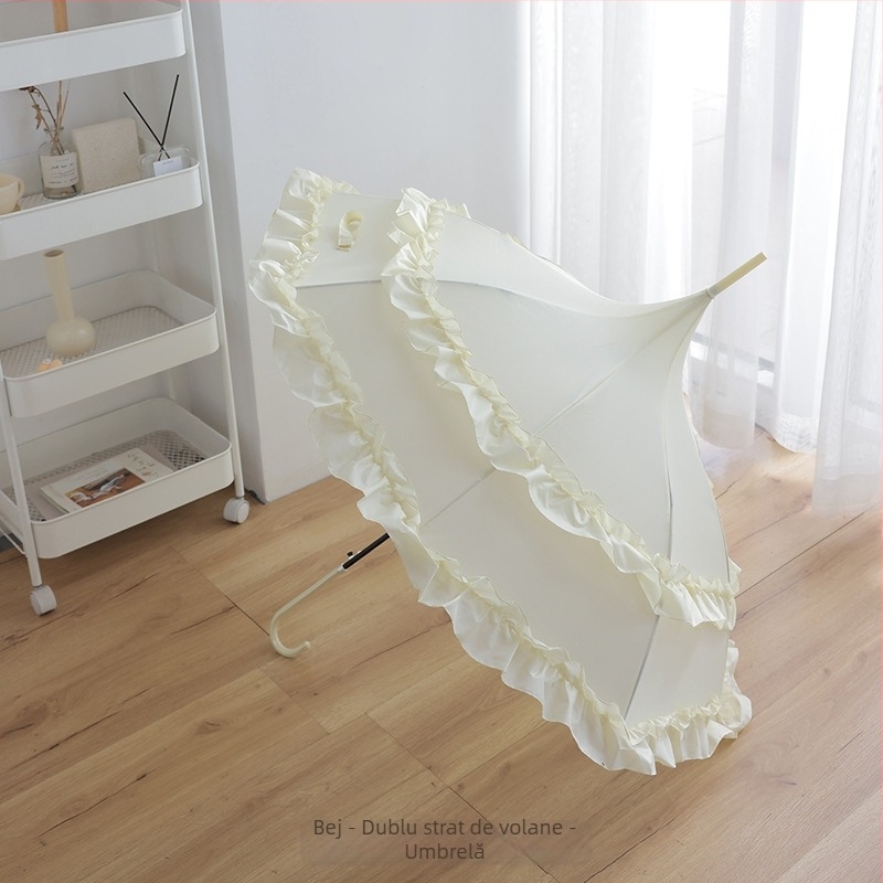 Umbrelă Lolita cu mâner lung în stil gotic de prințesă, cupolă în formă de urechi; cadru din aluminiu cu 8 spițe, deschidere manuală; țesătură din material impact cu adeziv vinil