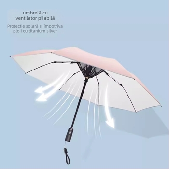 Umbrelă pliabilă cu ventilator încorporat pentru răcire, cadru cu 8 brațe, deschidere automată, țesătură 210T, tijă din aliaj