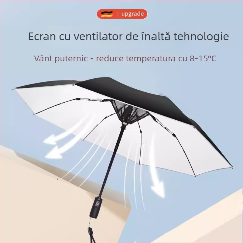 Umbrelă pliabilă cu ventilator încorporat pentru răcire, cadru cu 8 brațe, deschidere automată, țesătură 210T, tijă din aliaj