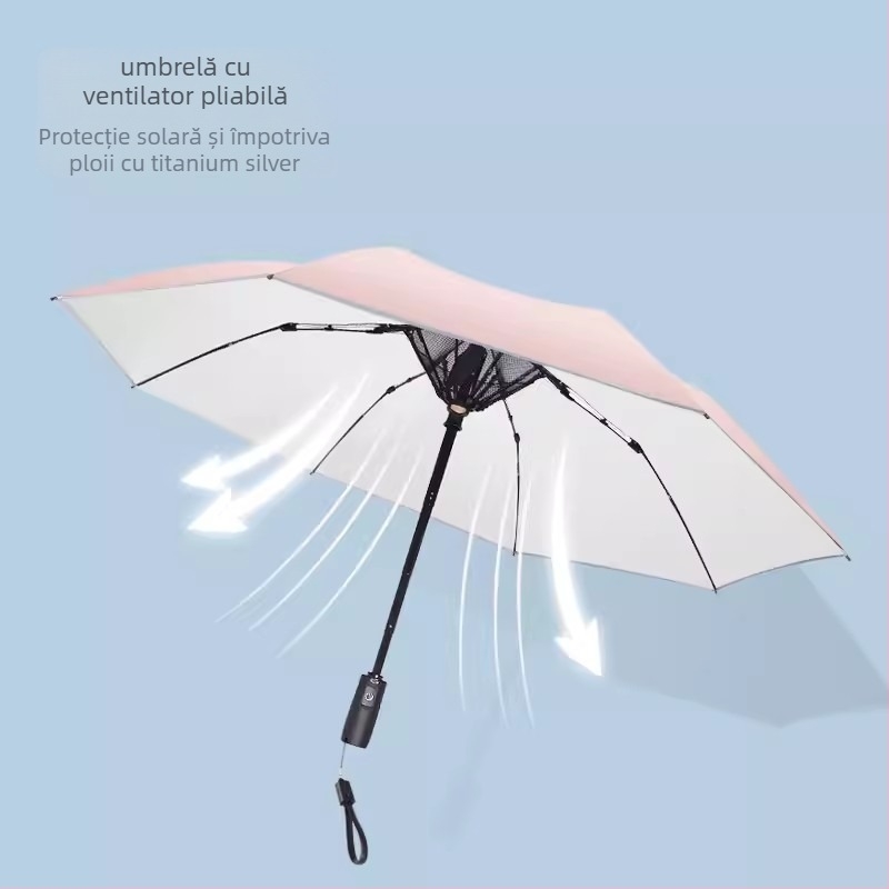 Umbrelă pliabilă cu ventilator încorporat pentru răcire, cadru cu 8 brațe, deschidere automată, țesătură 210T, tijă din aliaj