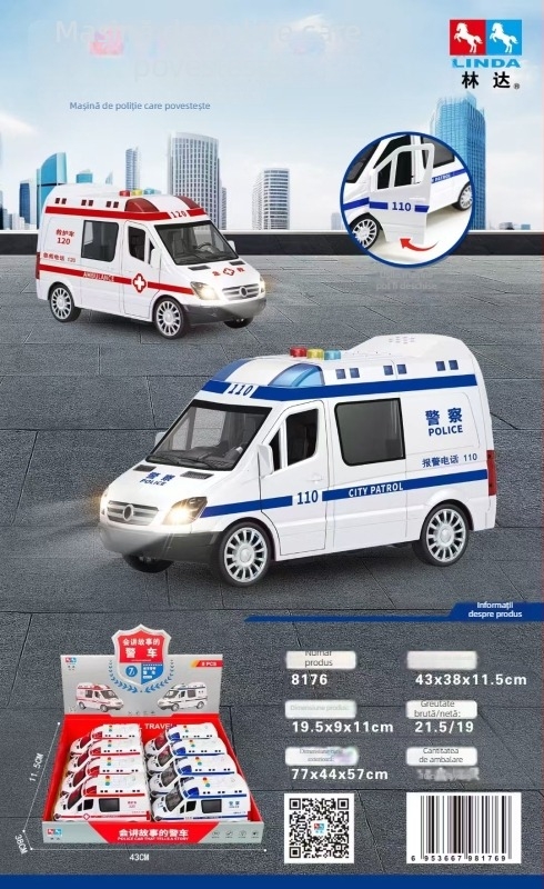 Linda Mașină de povestire pentru copii — electrică, interactivă, cu muzică; pentru copii 4–6 ani; include mașină de poliție, ambulanță, mașină de salubritate și tanc