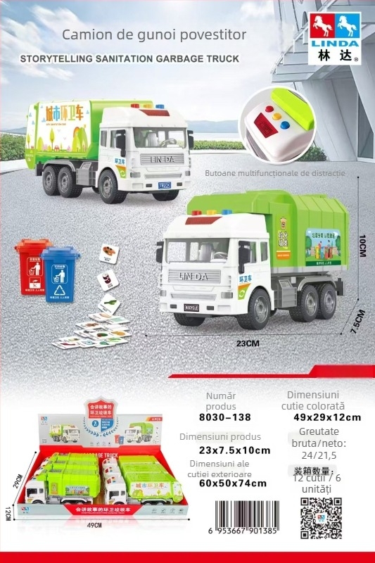 Linda Mașină de povestire pentru copii — electrică, interactivă, cu muzică; pentru copii 4–6 ani; include mașină de poliție, ambulanță, mașină de salubritate și tanc