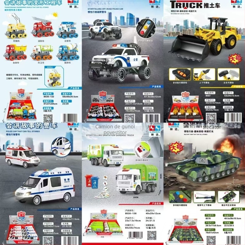 Linda Mașină de povestire pentru copii — electrică, interactivă, cu muzică; pentru copii 4–6 ani; include mașină de poliție, ambulanță, mașină de salubritate și tanc