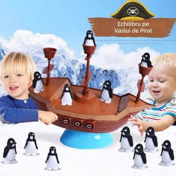 Joc de masă pentru echilibru cu vas pirat-pinguin – joc interactiv, pentru comunicarea părinte-copil și dezvoltarea intereselor; construcție din plastic; ambalaj în cutie colorată; recomandat pentru 7–14 ani.