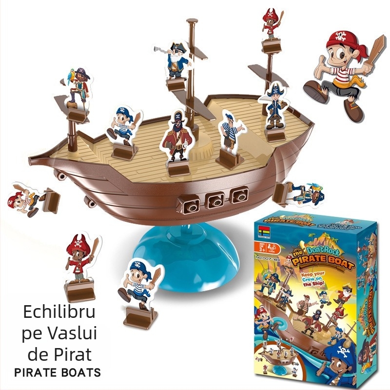 Joc de masă pentru echilibru cu vas pirat-pinguin – joc interactiv, pentru comunicarea părinte-copil și dezvoltarea intereselor; construcție din plastic; ambalaj în cutie colorată; recomandat pentru 7–14 ani.