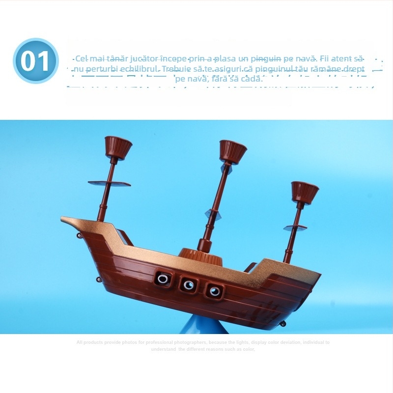 Joc de masă pentru echilibru cu vas pirat-pinguin – joc interactiv, pentru comunicarea părinte-copil și dezvoltarea intereselor; construcție din plastic; ambalaj în cutie colorată; recomandat pentru 7–14 ani.