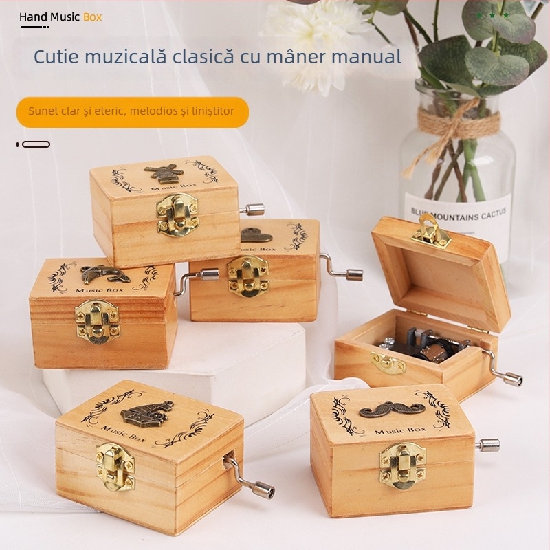 Cutie muzicală din lemn cu manetă – stil retro, personalizabilă, cu logo tipărit