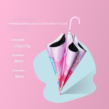 Umbrelă pentru copii cu colțuri rotunjite și design desen animat, țesătură vinil 190T, 6 spițe, bandă reflectorizantă, deschidere manuală
