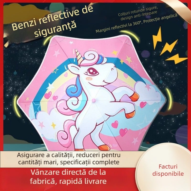 Umbrelă pentru copii cu colțuri rotunjite și design desen animat, țesătură vinil 190T, 6 spițe, bandă reflectorizantă, deschidere manuală