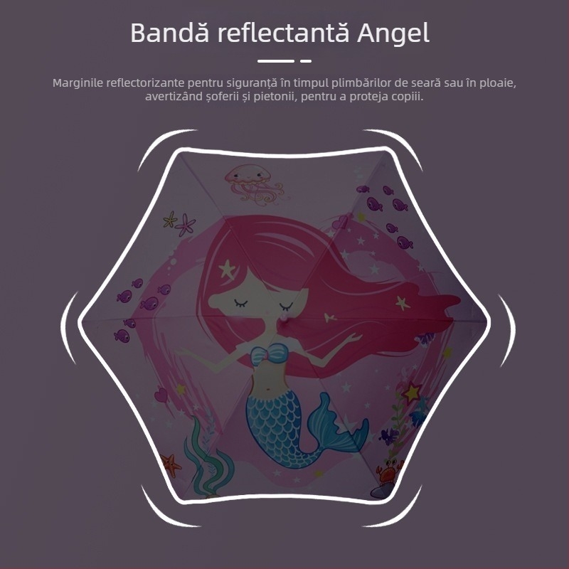Umbrelă pentru copii cu colțuri rotunjite și design desen animat, țesătură vinil 190T, 6 spițe, bandă reflectorizantă, deschidere manuală