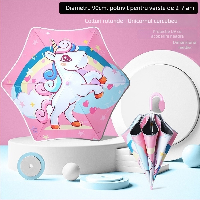 Umbrelă pentru copii cu colțuri rotunjite și design desen animat, țesătură vinil 190T, 6 spițe, bandă reflectorizantă, deschidere manuală