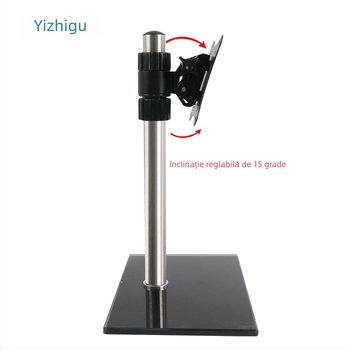 Suport pentru monitor pentru desktop, cu reglare înălțime și rotire; bază din sticlă temperată; capacitate 11–15 kg; control mecanic; nu se montează pe perete.