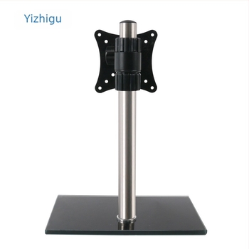 Suport pentru monitor pentru desktop, cu reglare înălțime și rotire; bază din sticlă temperată; capacitate 11–15 kg; control mecanic; nu se montează pe perete.