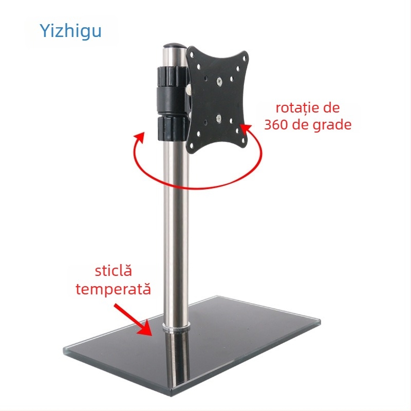 Suport pentru monitor pentru desktop, cu reglare înălțime și rotire; bază din sticlă temperată; capacitate 11–15 kg; control mecanic; nu se montează pe perete.