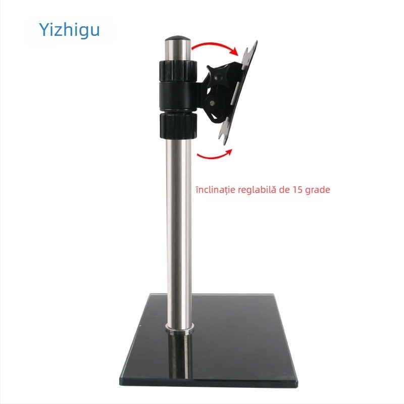 Suport pentru monitor pentru desktop, cu reglare înălțime și rotire; bază din sticlă temperată; capacitate 11–15 kg; control mecanic; nu se montează pe perete.