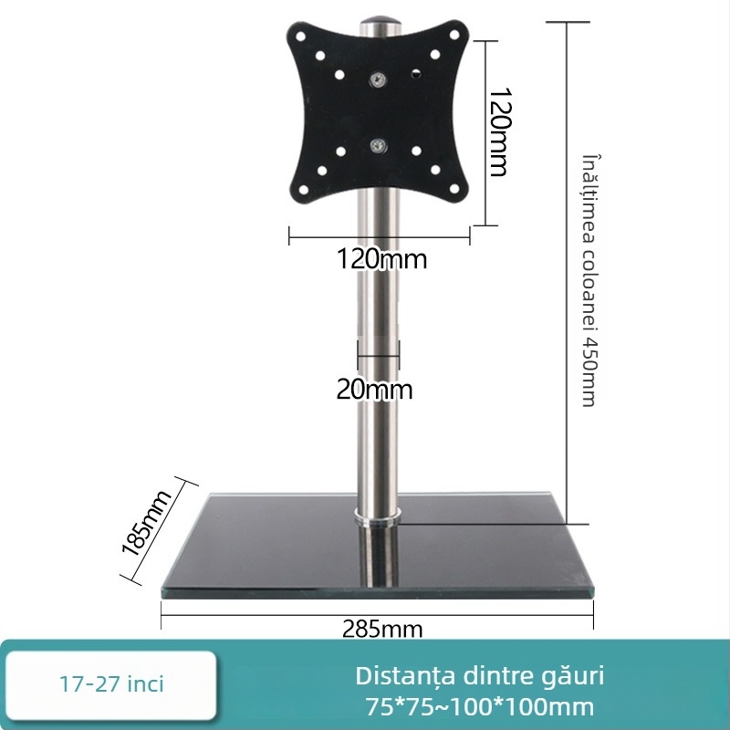 Suport pentru monitor pentru desktop, cu reglare înălțime și rotire; bază din sticlă temperată; capacitate 11–15 kg; control mecanic; nu se montează pe perete.