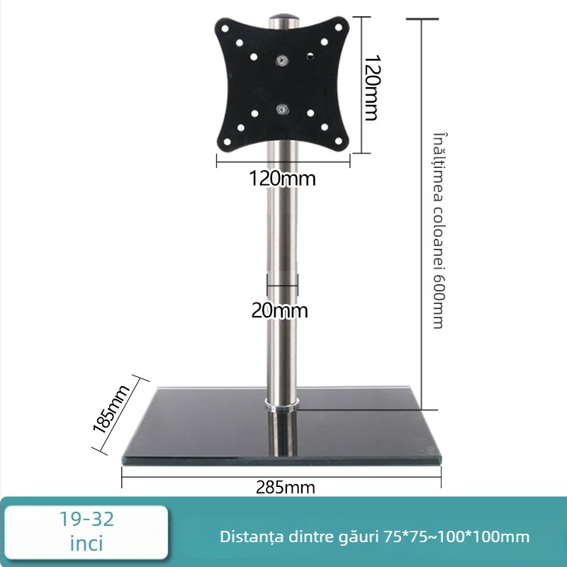 Suport pentru monitor pentru desktop, cu reglare înălțime și rotire; bază din sticlă temperată; capacitate 11–15 kg; control mecanic; nu se montează pe perete.