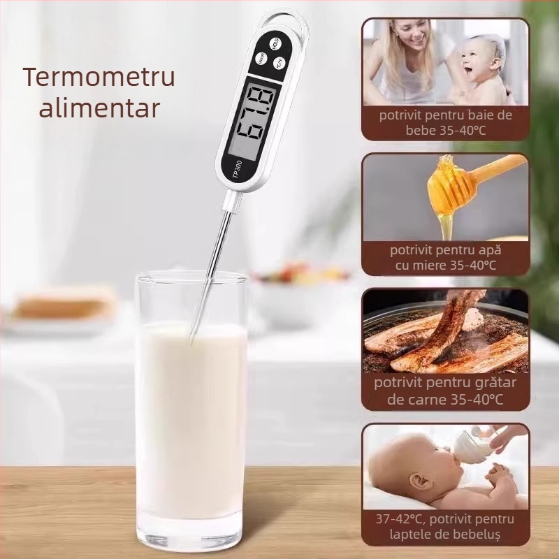 Termometru electronic cu sondă pentru bucătărie – măsoară temperatura alimentelor, apei, uleiului, laptelui și aluatului de pâine; Brand Friendly; Etichetă privată autorizată.