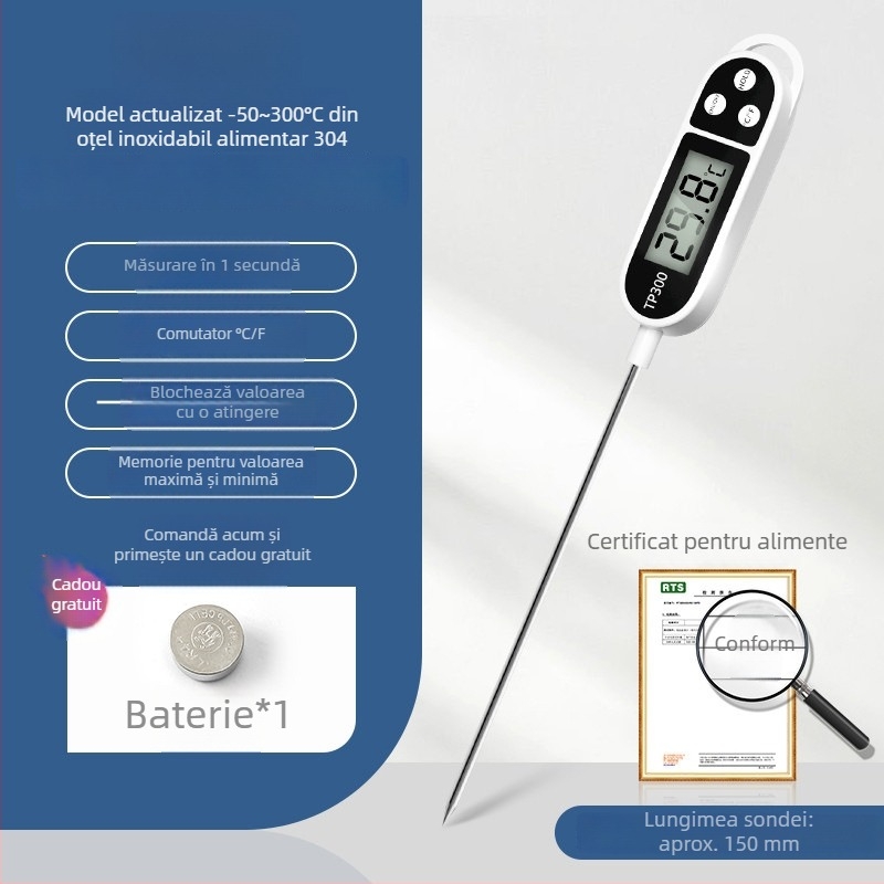 Termometru electronic cu sondă pentru bucătărie – măsoară temperatura alimentelor, apei, uleiului, laptelui și aluatului de pâine; Brand Friendly; Etichetă privată autorizată.