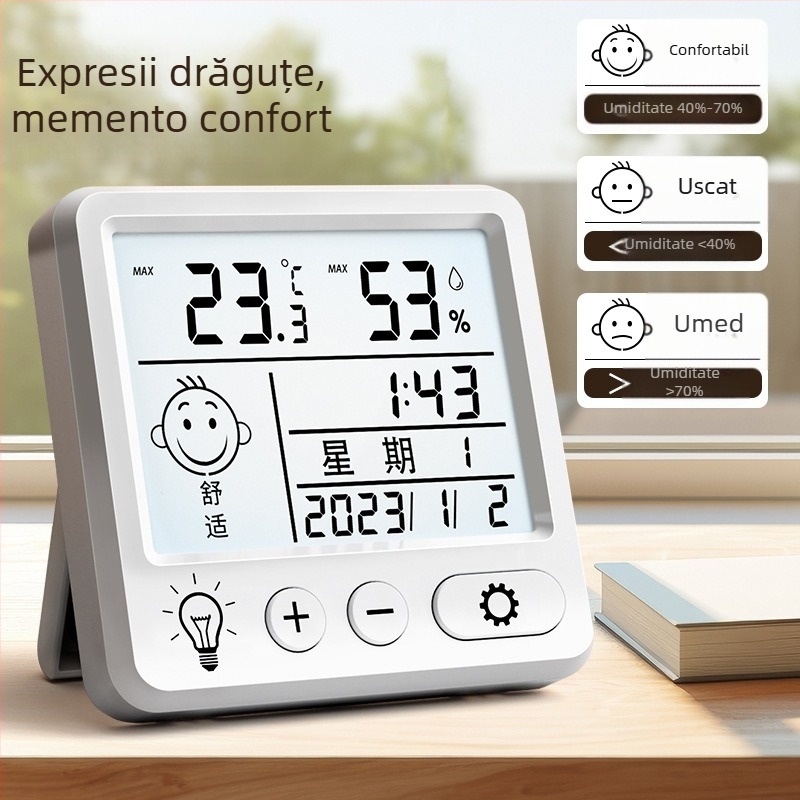 Termometru digital cu higrometru pentru interior, montaj pe perete, afișaj temperatură și umiditate pentru camera bebelușului, cu alarmă