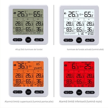Senzor digital 3 în 1 pentru temperatură și umiditate, wireless, interior/exterior, cu ecran mare în culoare și alarmă