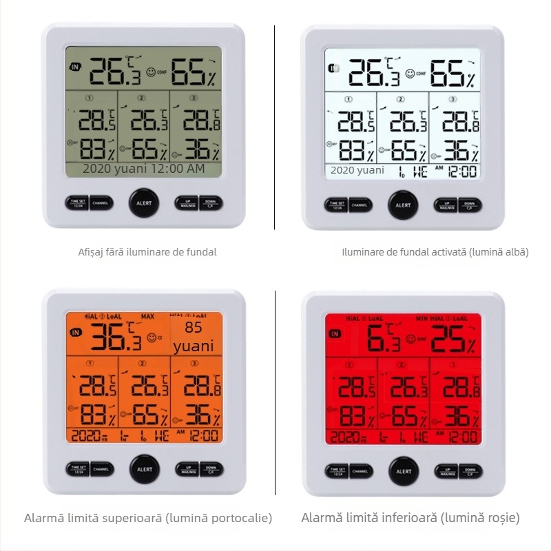 Senzor digital 3 în 1 pentru temperatură și umiditate, wireless, interior/exterior, cu ecran mare în culoare și alarmă