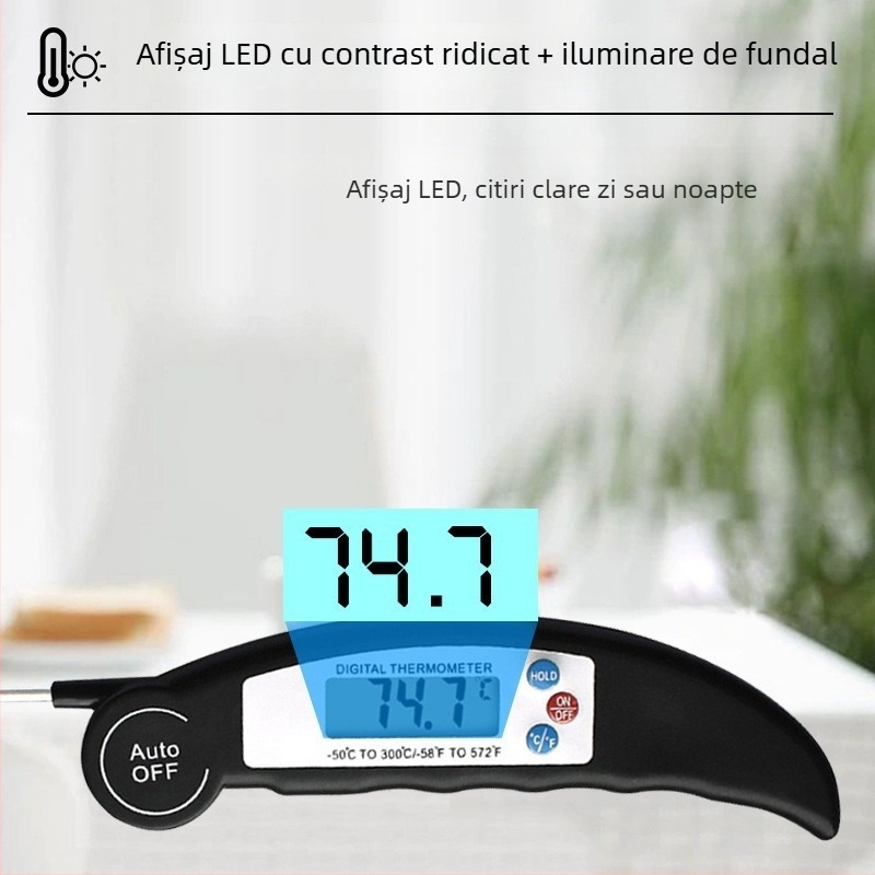 Termometru retractabil din oțel inoxidabil cu sondă pentru BBQ, măsurarea temperaturii alimentelor, apei, laptelui și uleiului