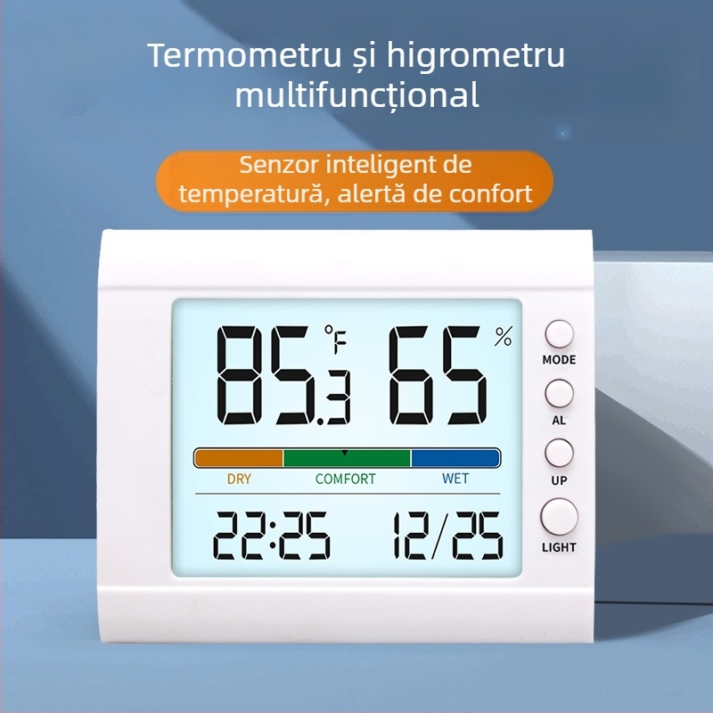 Termometru și higrometru electronic inteligent pentru interior, ceas multifuncțional cu alarmă, oră și dată