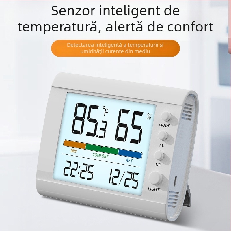 Termometru și higrometru electronic inteligent pentru interior, ceas multifuncțional cu alarmă, oră și dată