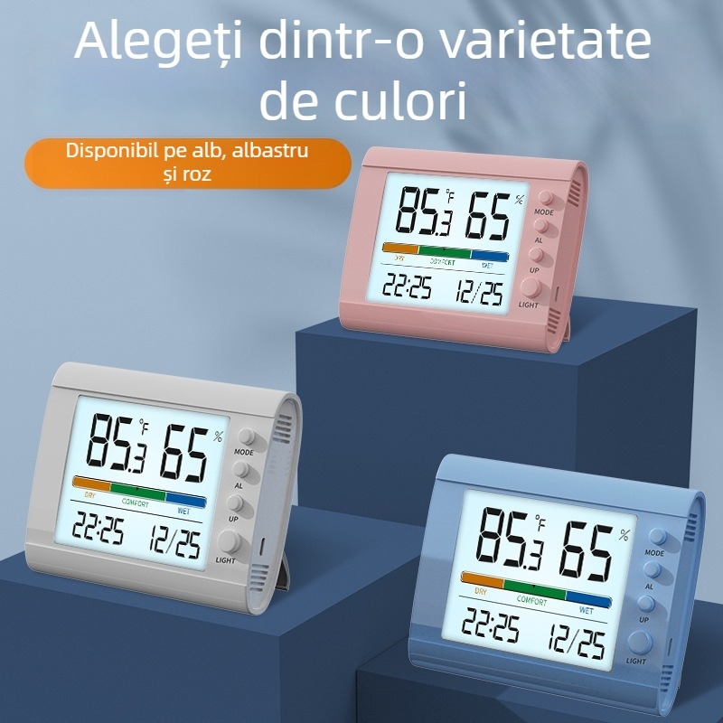Termometru și higrometru electronic inteligent pentru interior, ceas multifuncțional cu alarmă, oră și dată