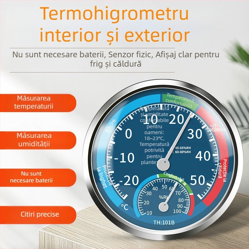 Termometru și higrometru de perete pentru interior, cu precizie înaltă, măsoară temperatura și umiditatea încăperii.