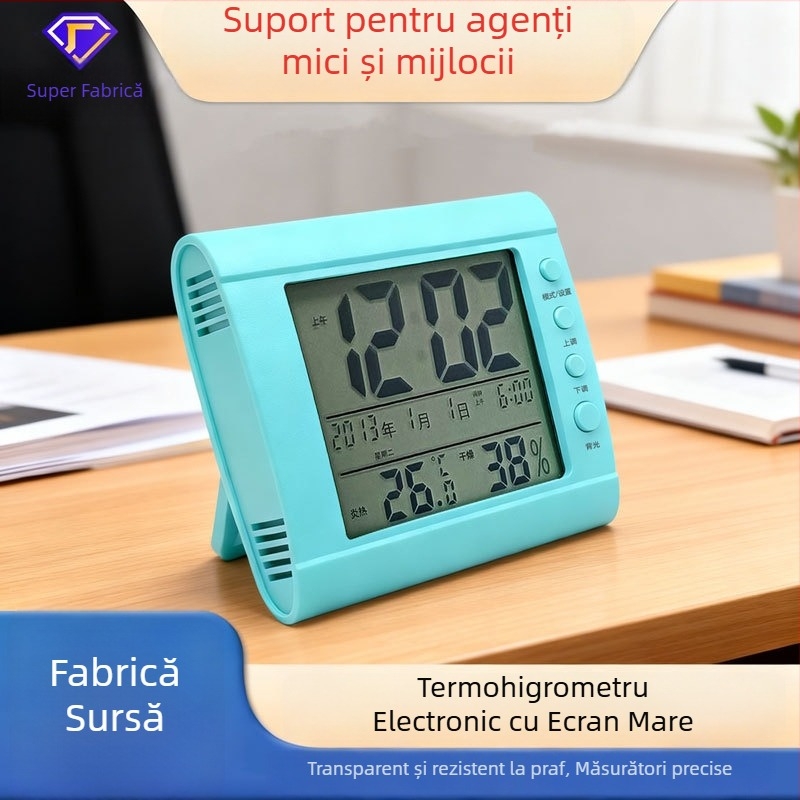 Termometru și higrometru interior cu ceas de alarmă și senzor de lumină, afișaj digital mare