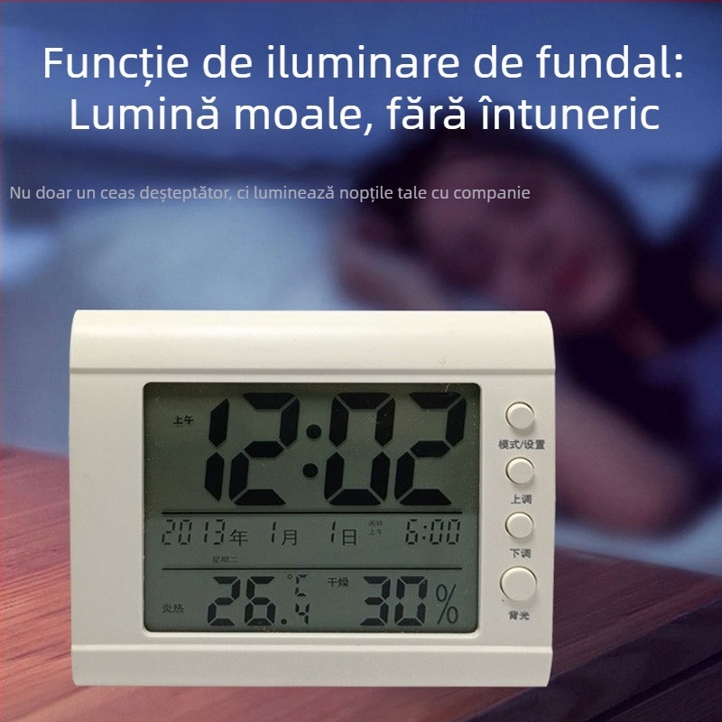 Termometru și higrometru interior cu ceas de alarmă și senzor de lumină, afișaj digital mare