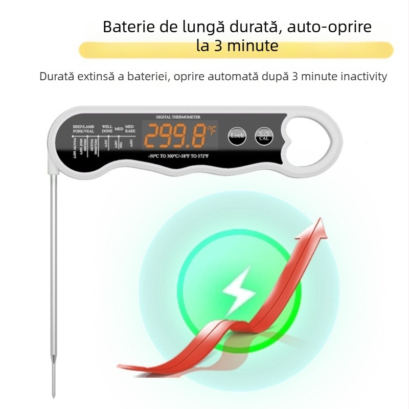 Remison termometru pliabil pentru carne, reîncărcabil, cu LED – rezoluție 0,1°C, 94 g, pentru grătar, coacere și bucătărie