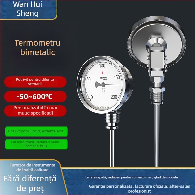 Termometru bimetal pentru conducte de boiler, oțel inoxidabil, model WSS411/401, termometru industrial de temperatură, rezistent la temperaturi înalte