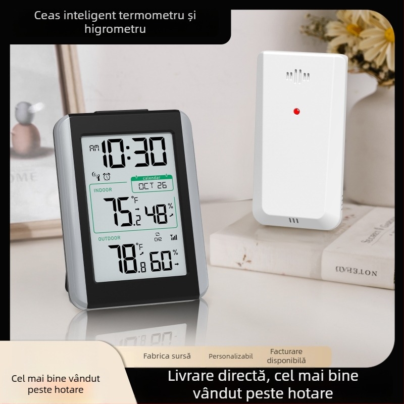Ceas cu alarmă, termometru digital și monitor de temperatură și umiditate pentru interior, senzor RF fără fir pentru uz casnic