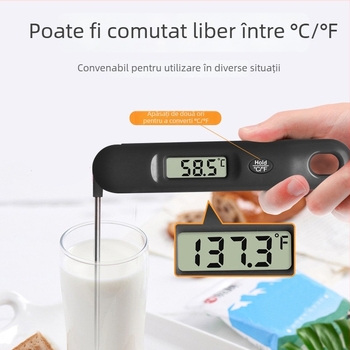 Termometru digital pliabil pentru alimente cu sondă din oțel inoxidabil – rezoluție 0,1°C, alimentat cu baterie, pentru bucătărie, coacere și temperatură a apei
