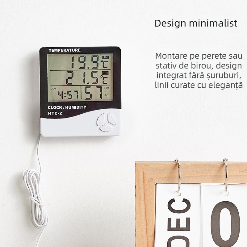 HTC-2 Termometru digital și higrometru, ecran mare, pentru interior/exterior – măsurare duală a temperaturii și umidității