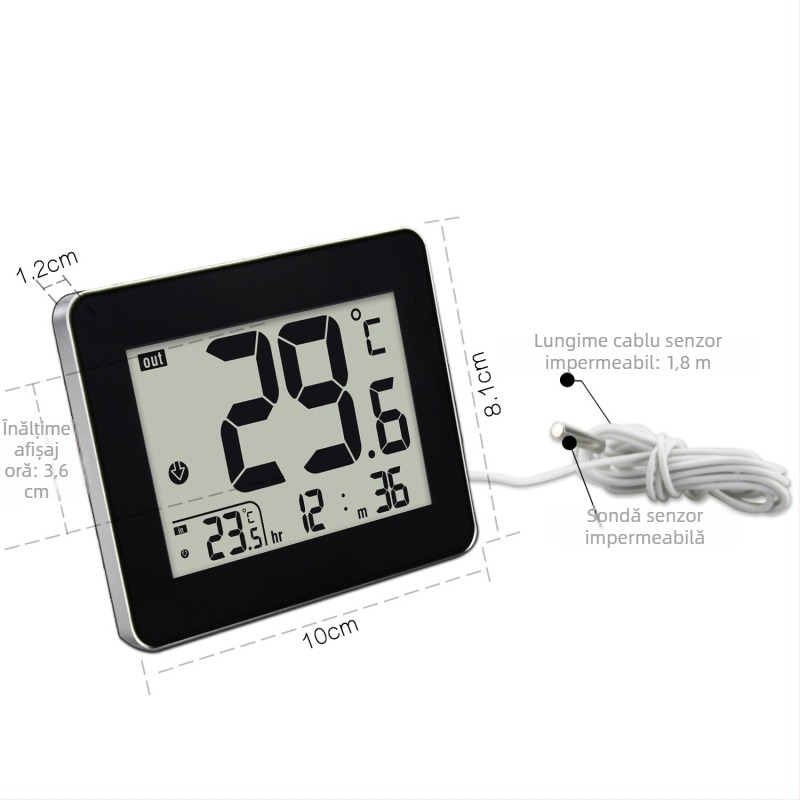 Termometru de apă cu afișaj LCD și ceas, pentru interior/exterior, ultra-subțire