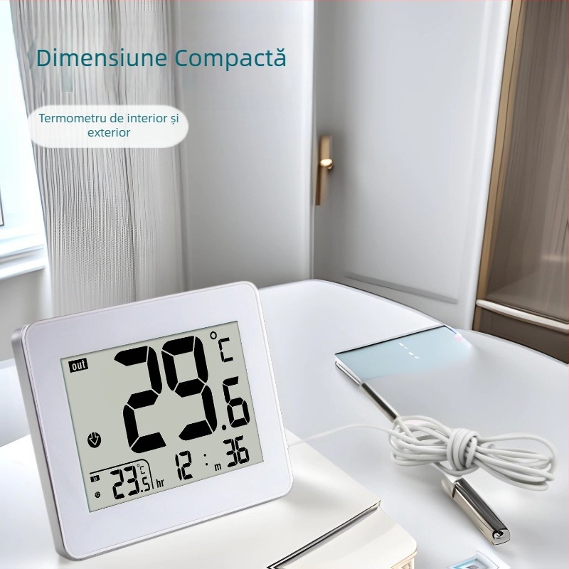 Termometru de apă cu afișaj LCD și ceas, pentru interior/exterior, ultra-subțire