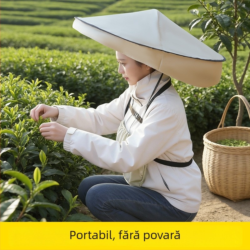 Șapcă-umbrela pentru soare și ploaie, cu 6 brațe, deschidere manuală, țesătură poliester 190T, tijă centrală din fier, brațe din plastic, fără mâner, imprimare logo disponibil