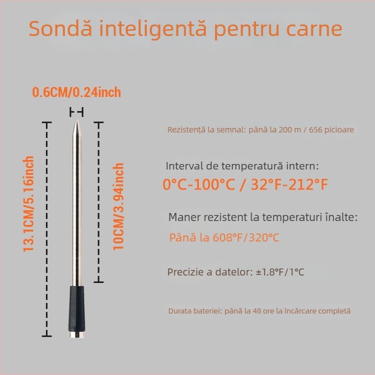 Termometru de bucătărie cu rezoluție ±1°C, sonde cu două ace, lungi și scurte, corp din bambus, personalizare disponibilă