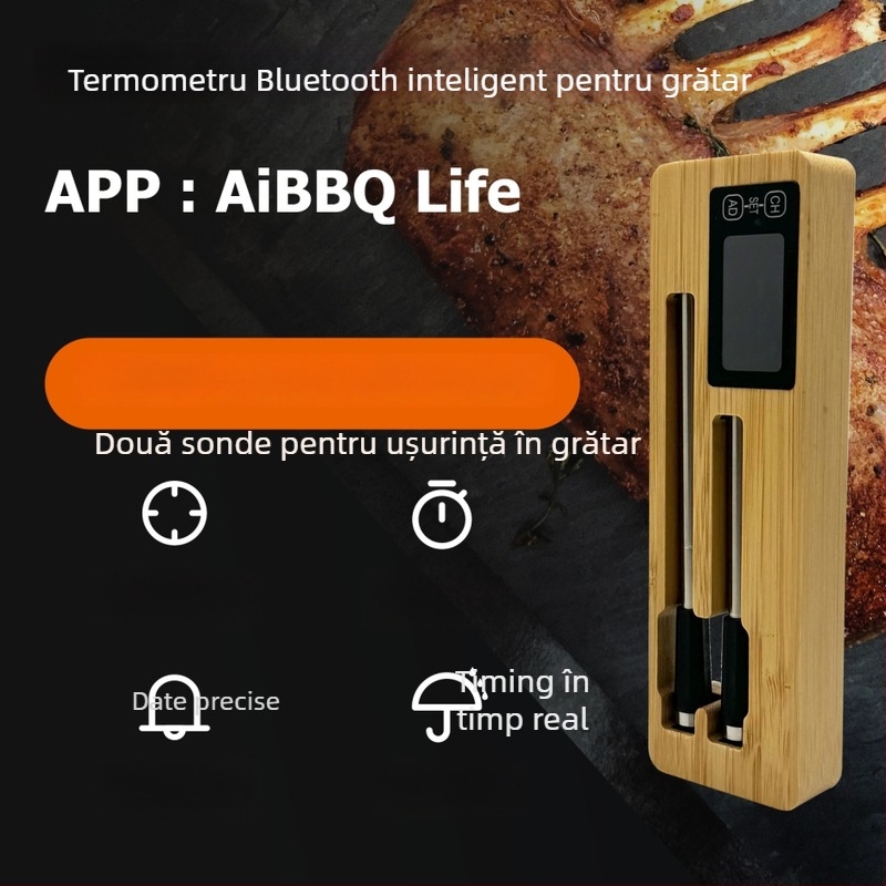 Termometru de bucătărie cu rezoluție ±1°C, sonde cu două ace, lungi și scurte, corp din bambus, personalizare disponibilă