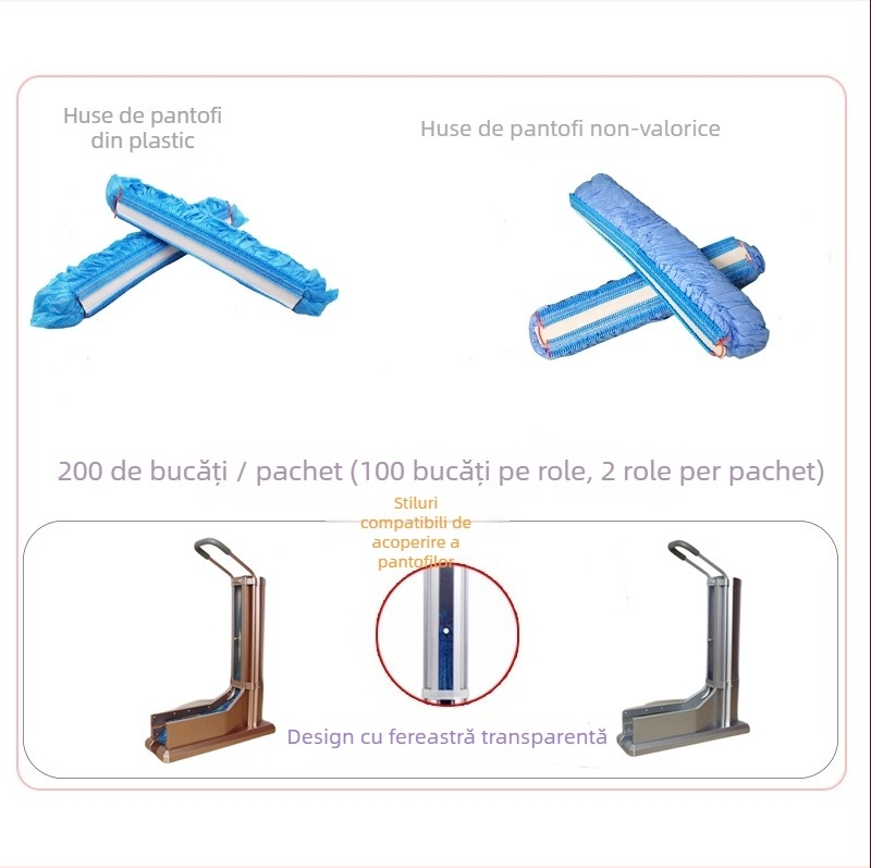 Mașină automată pentru acoperirea pantofilor, tip tras, cu accesorii de unică folosință, protecție împotriva prafului, construcție din plastic, grosime 0.001, material nebiodegradabil