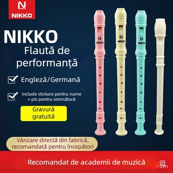 NIKKO recorder cu opt găuri, model german-britanic, pentru copii și începători — include husă, tijă de curățare, cârpă, curea pentru gât, manual de utilizare